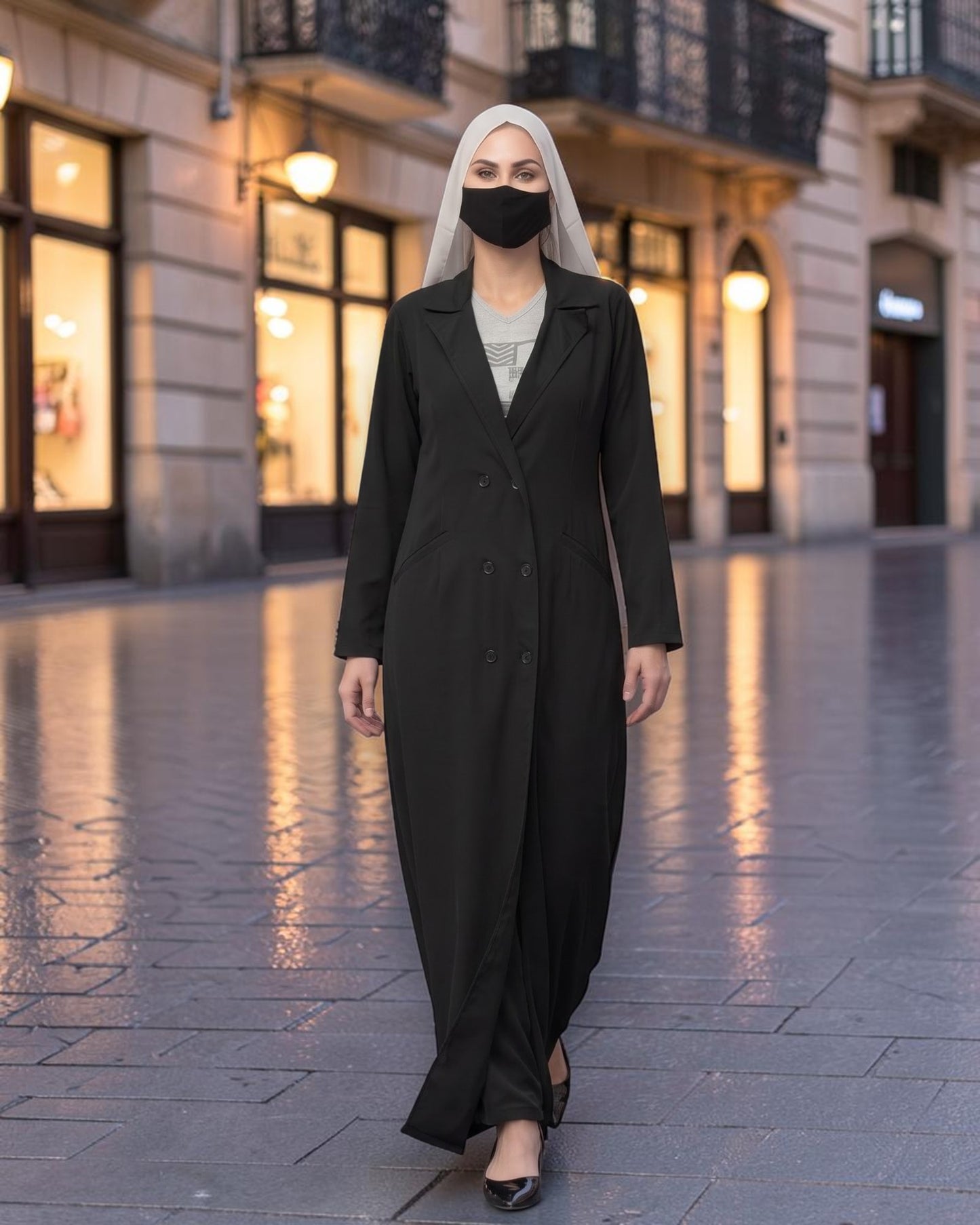 Double-Breasted Coat Abaya for Work with Free Hijab | Optional Inner | BLACK