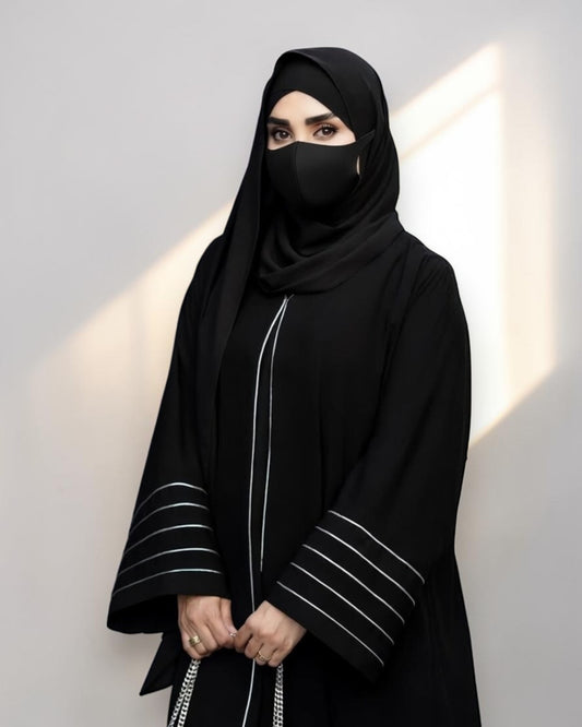 Designer Black Front-Open Abaya with Contrast Piping and Pockets