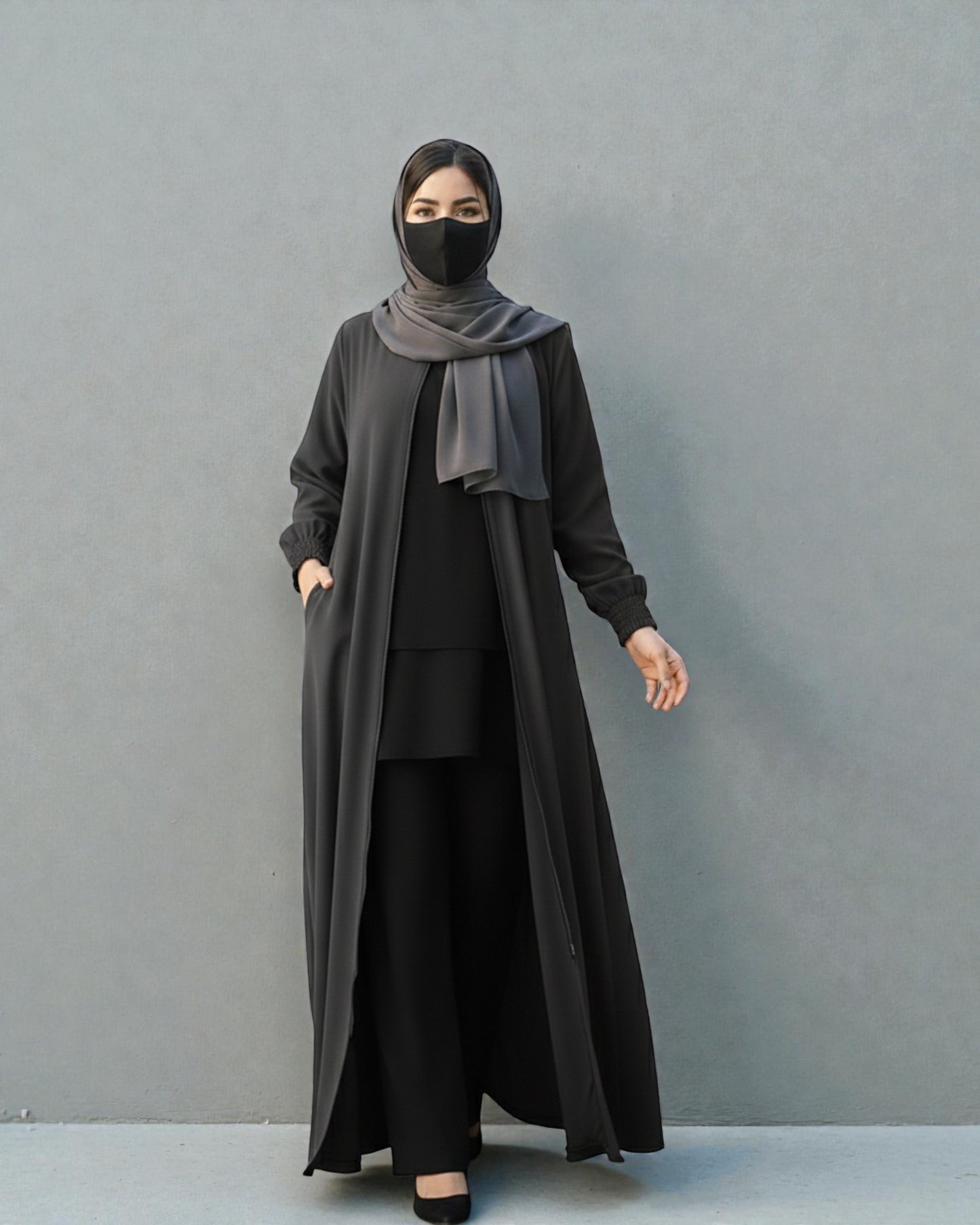 Front Open Abaya with Zipper Opening, Umbrella Flare and Matching Belt