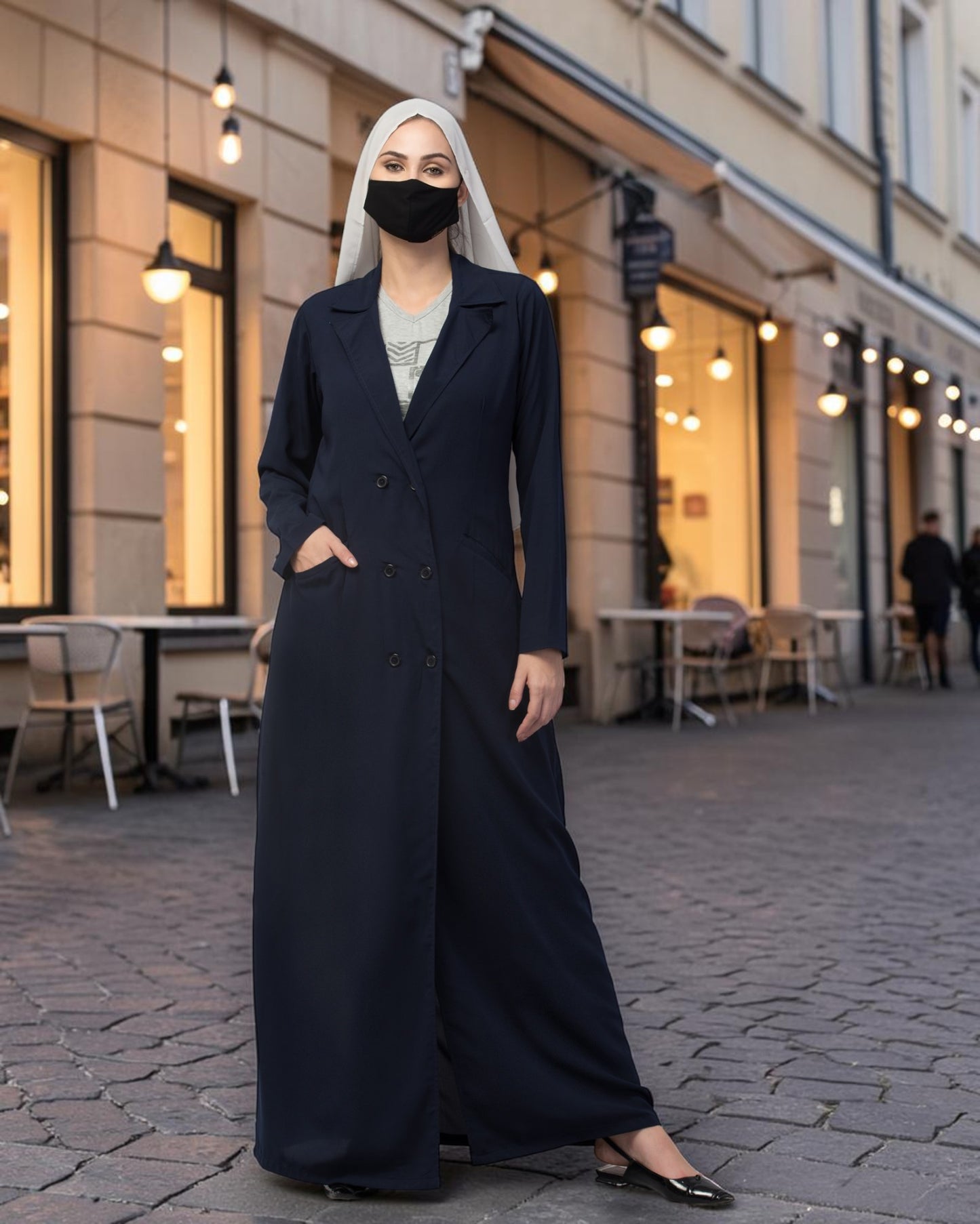 Double-Breasted Coat Abaya for Work with Free Hijab | Optional Inner | Navy Blue