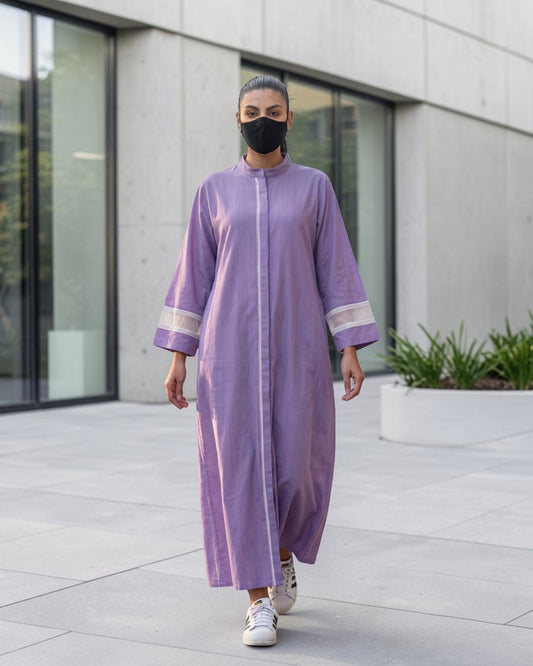Front-Open Cotton Abaya Shirt with Mandarin Collar & Lacework