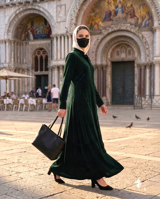 Regal Button-Front Velvet Abaya with Side Pockets