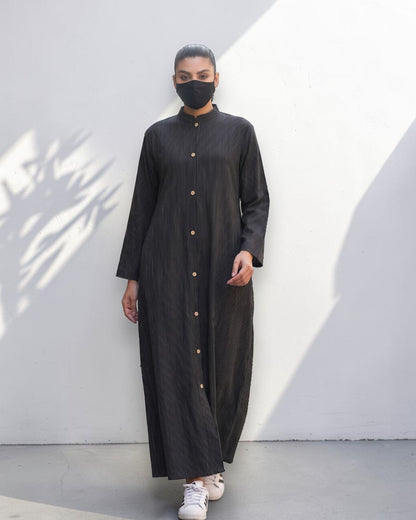 Black Striped Cotton Front-Open Abaya Shirt with Mandarin Collar