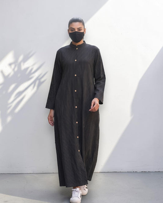 Black Striped Cotton Front-Open Abaya Shirt with Mandarin Collar