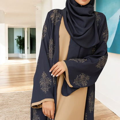 Elegant Three-Piece Abaya Set with Golden Print