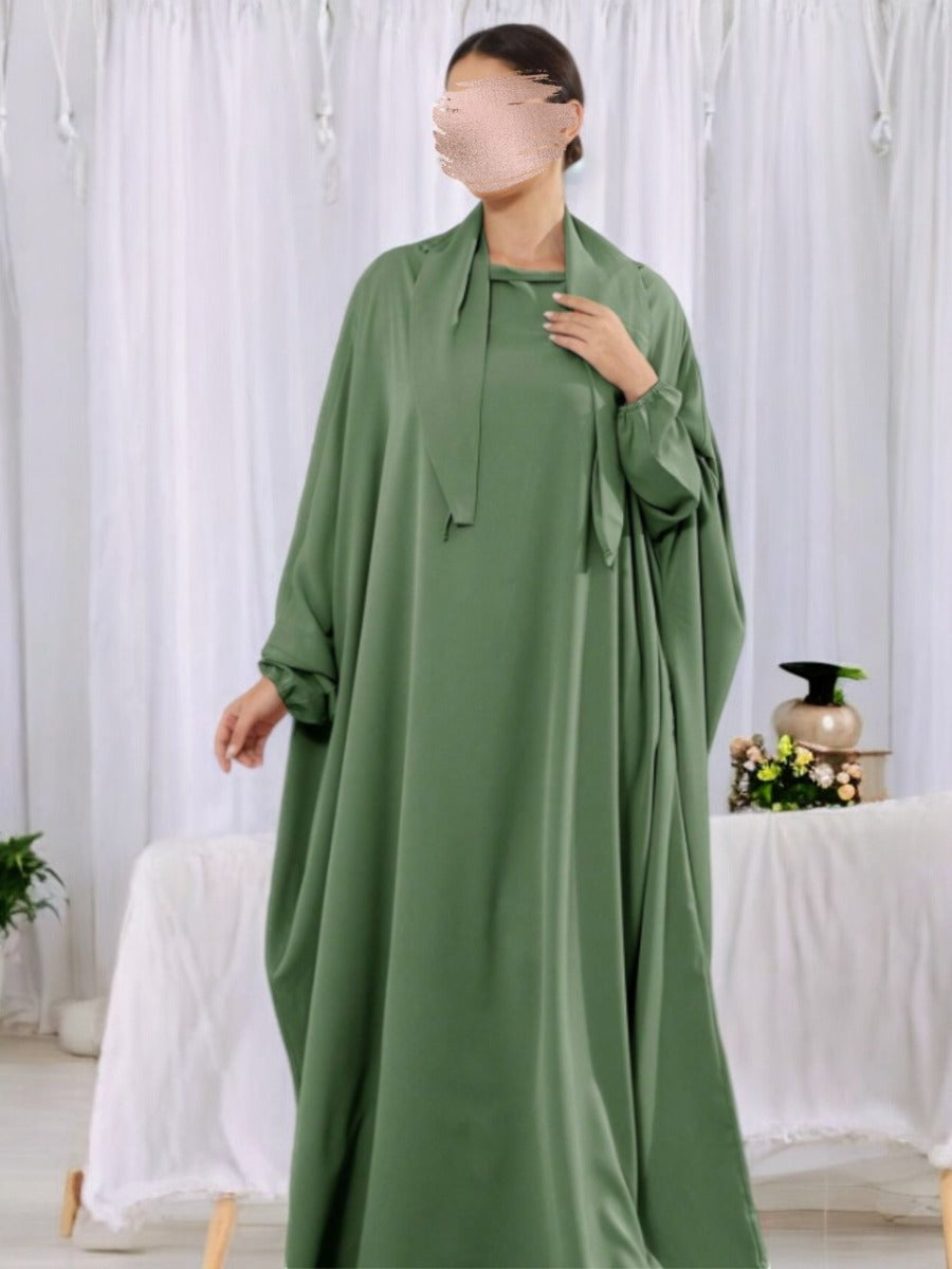 Designer Kaftan Abaya in Luxurious Firdaus Fabric with Elasticated Sleeves and Attached Scarf