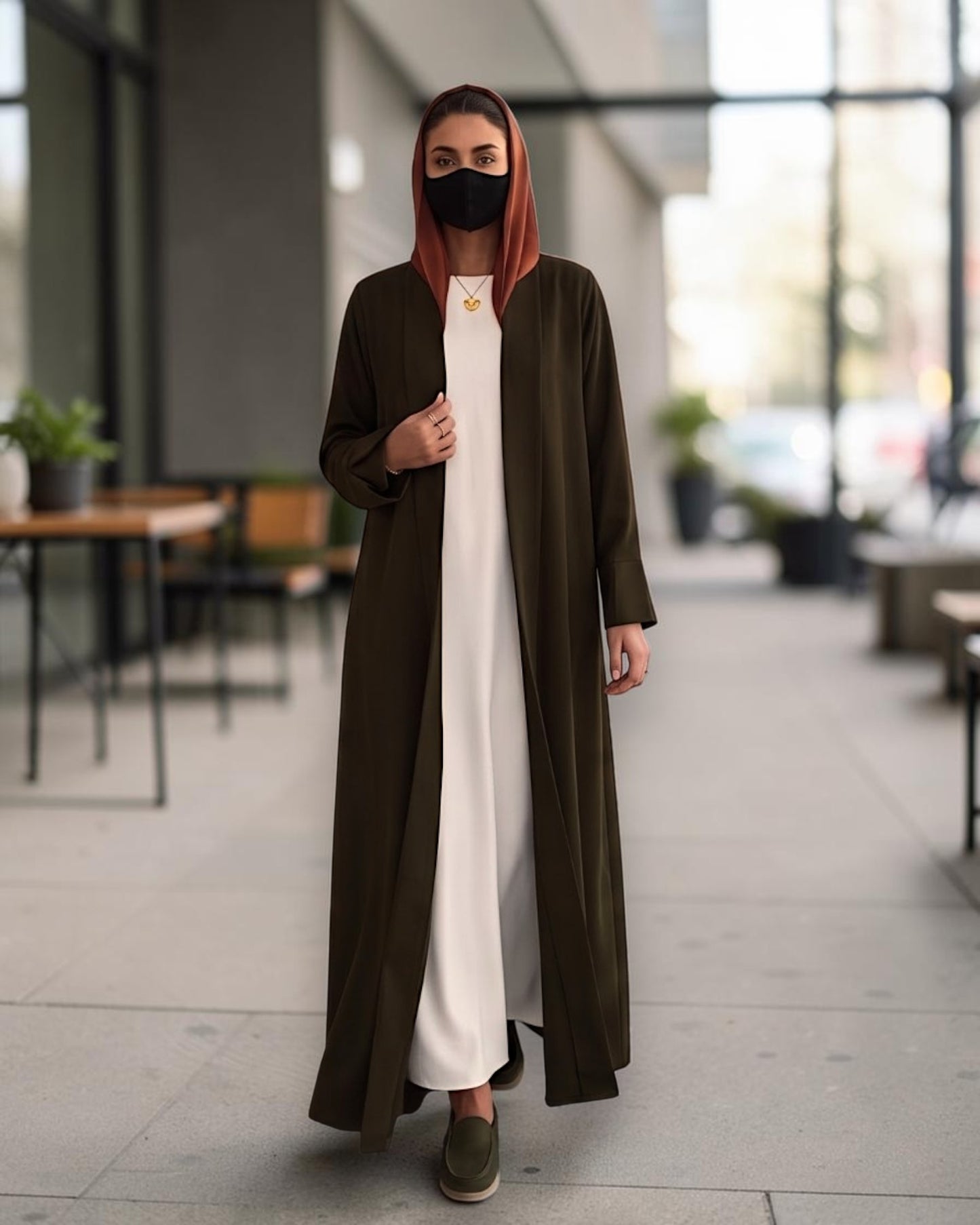 Open Abaya Shrug with Hijab & Optional Inner | Dark Olive