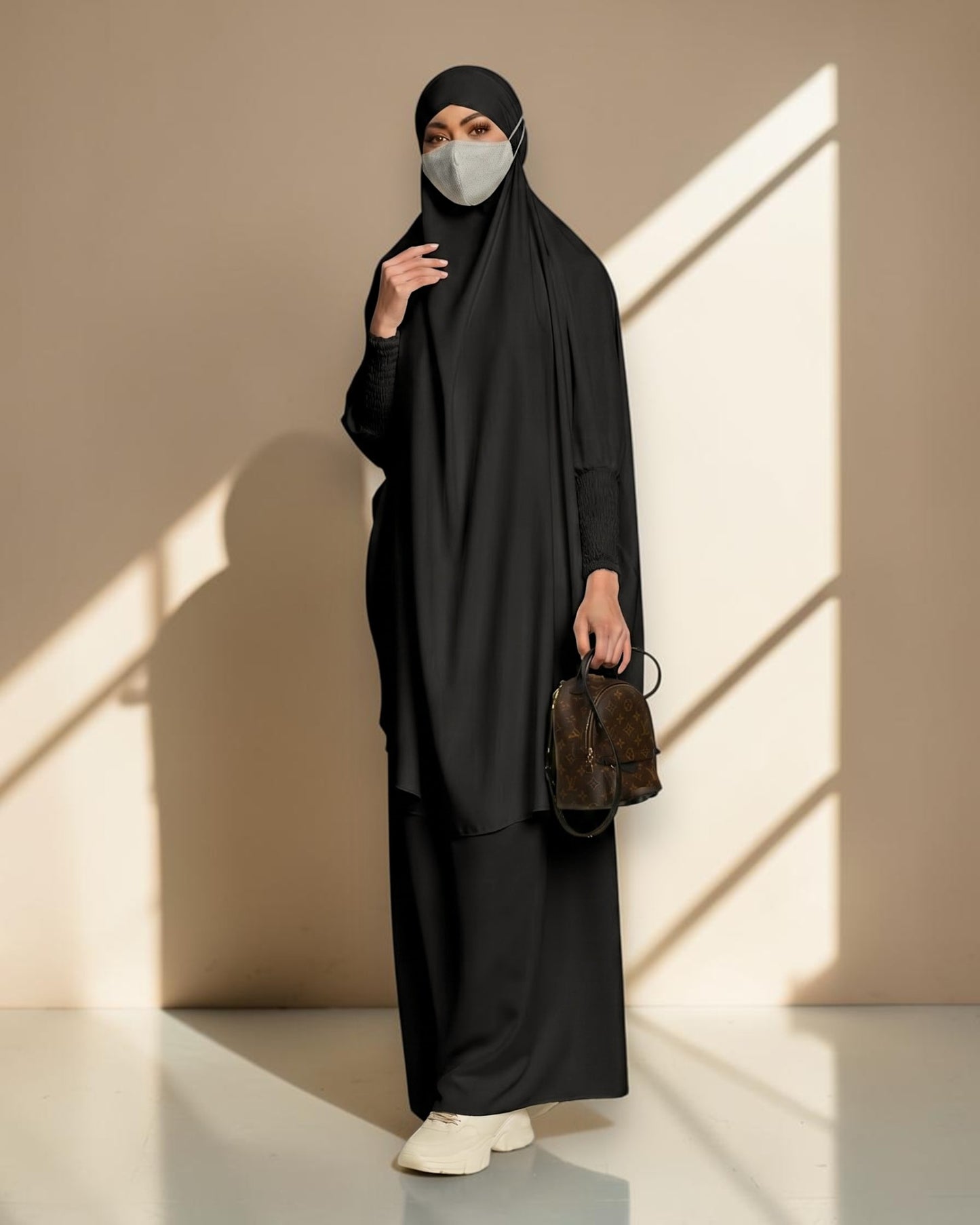Elegant Two Piece Jilbab Set in Flow Crepe Fabric with Flared Skirt and Full Size Khimar