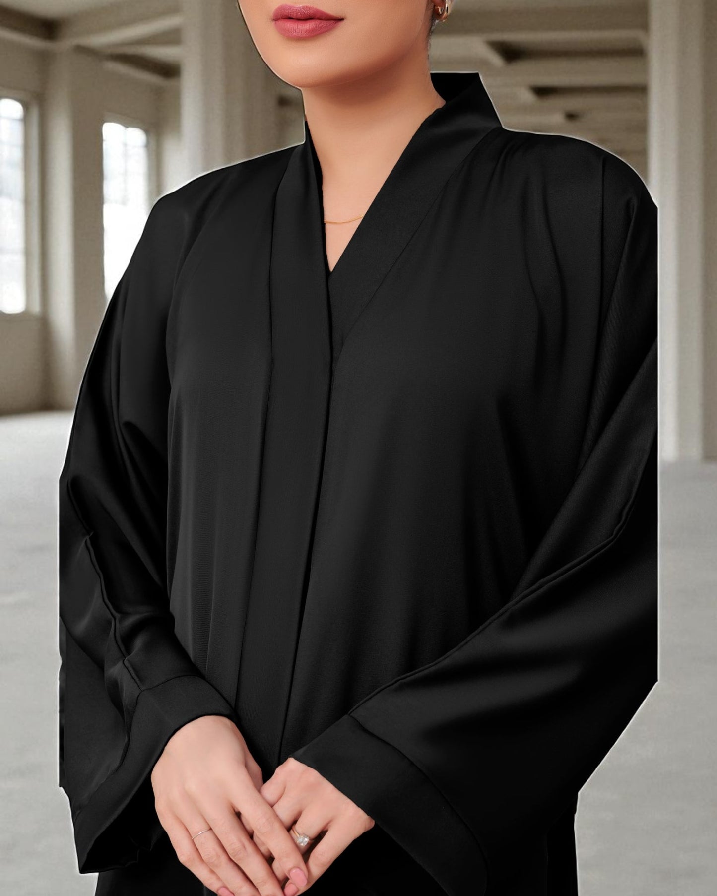Front Open Burqa in Firdaus Fabric with Wide Sleeves & Minimal Button Closure