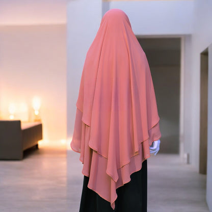 Bashariya Pink Color Two-Layer Triangle Prayer Khimar Hijab with Attached Mouthpiece | Ready-to-Wear with Tie-Back Design in Soft Georgette Fabric Wear with Tie-Back Design in Soft Georgette Fabric