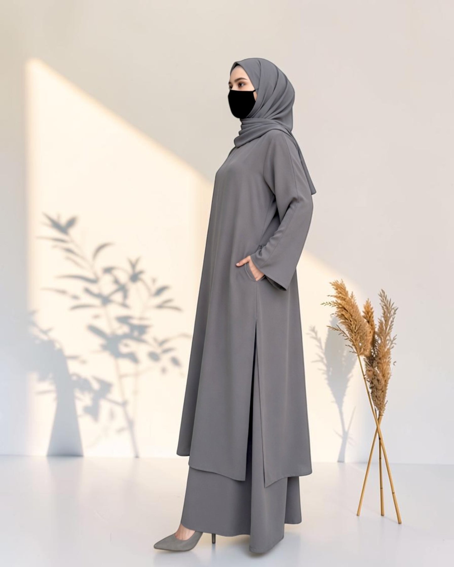 Three Pieces Abaya-like Co-ord Set with Long Tunic and Elasticated Bottom