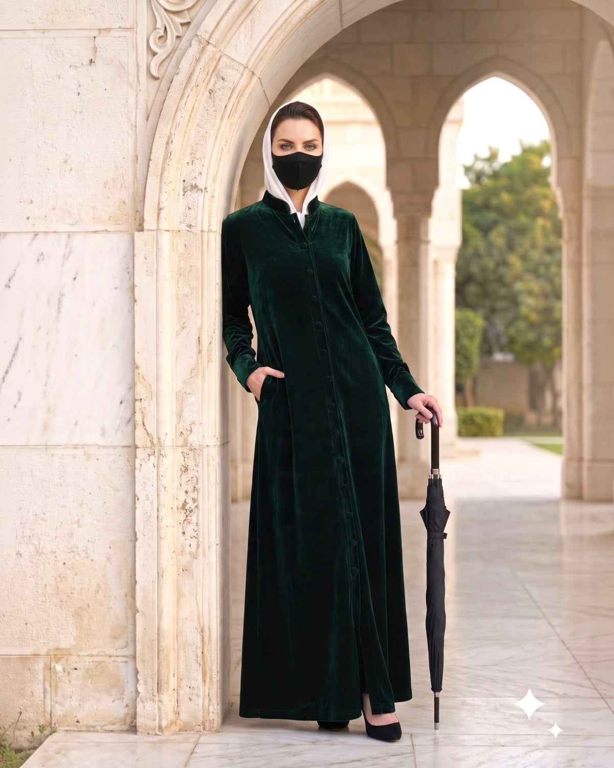 Regal Button-Front Velvet Abaya with Side Pockets