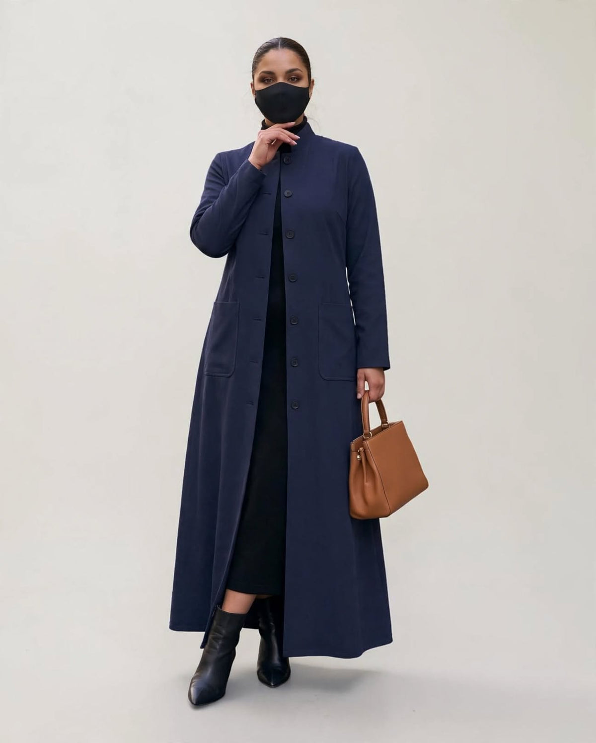 Latest Coat Abaya with Soft Shoulder Pads and Mandarin Collar| Navy Blue