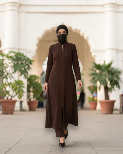Modest Workwear Long Top with Hijab | Optional Pant | Brown