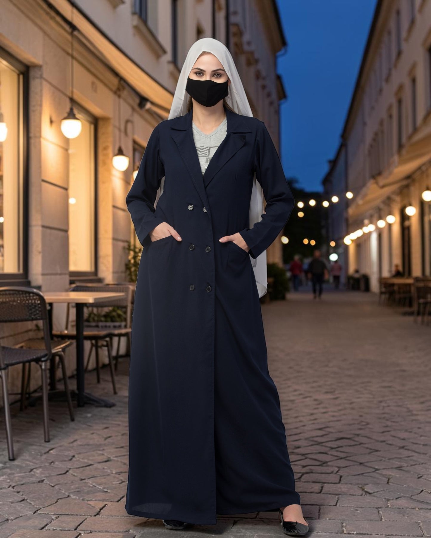 Double-Breasted Coat Abaya for Work with Free Hijab | Optional Inner | Navy Blue