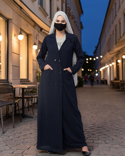 Double-Breasted Coat Abaya for Work with Free Hijab | Optional Inner | Navy Blue