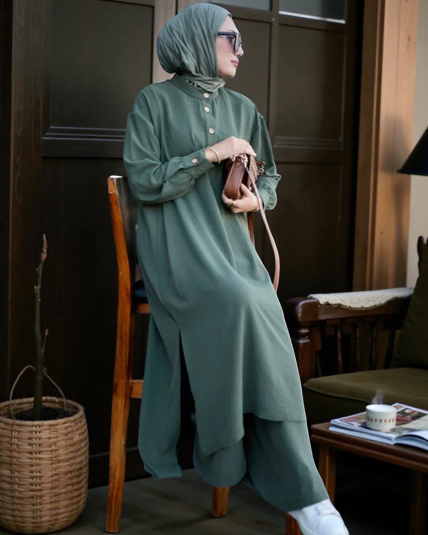 Co-ord Abaya Set for Women Ð Firdaus Fabric with Wide Palazzo & Tunic