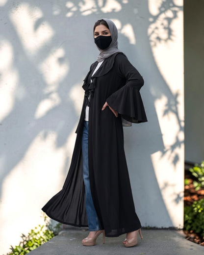 Designer Abaya Fit Shrug with Ruffle Yoke & Bell Sleeves