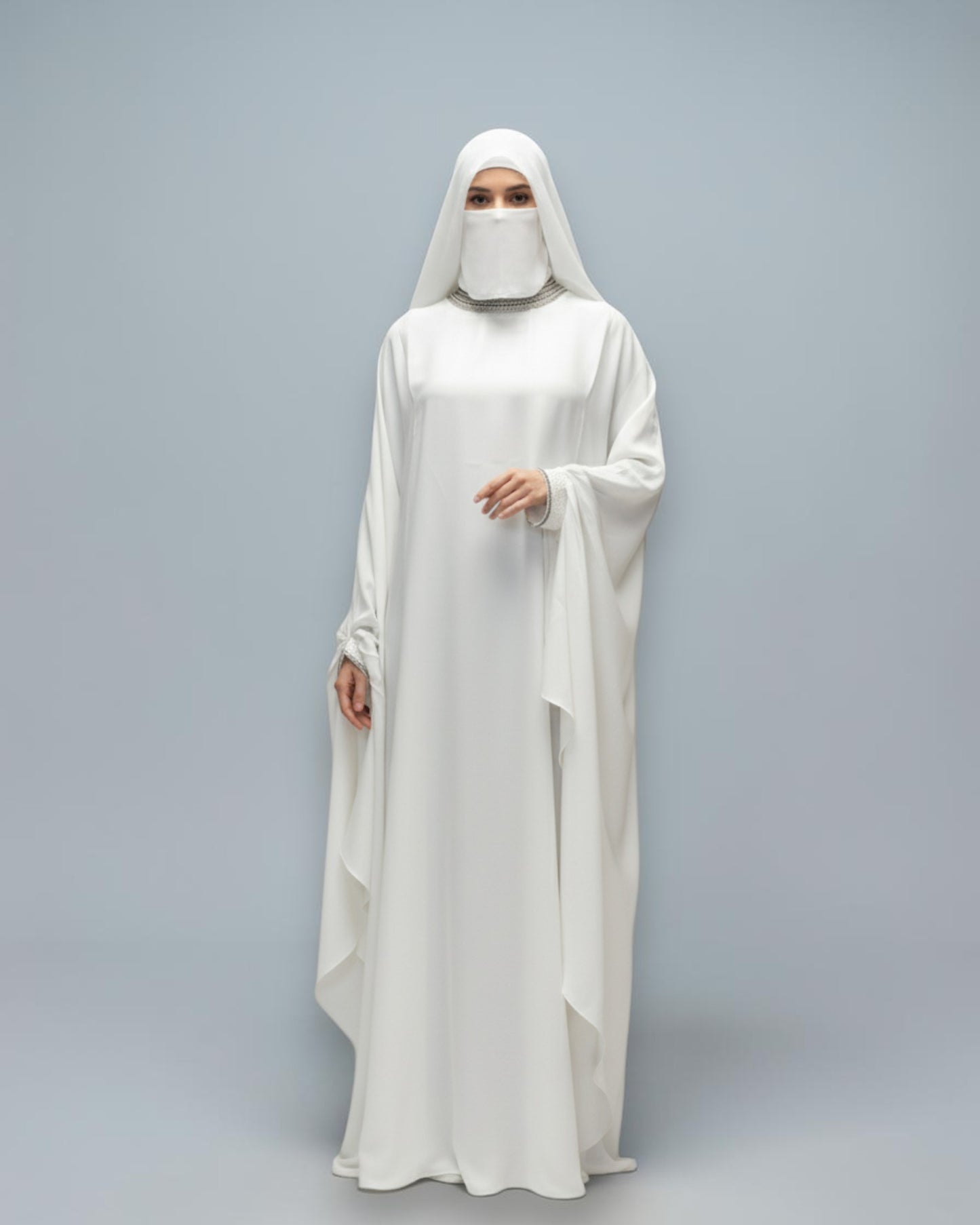 White Armani Satin Occasion Abaya with Handwork Embellishments