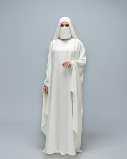 White Armani Satin Occasion Abaya with Handwork Embellishments