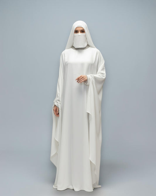 White Armani Satin Occasion Abaya with Handwork Embellishments