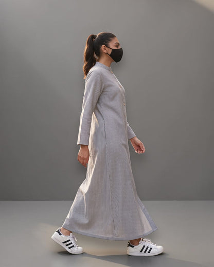 Grey Striped Cotton Front-Open Abaya Shirt with Mandarin Collar