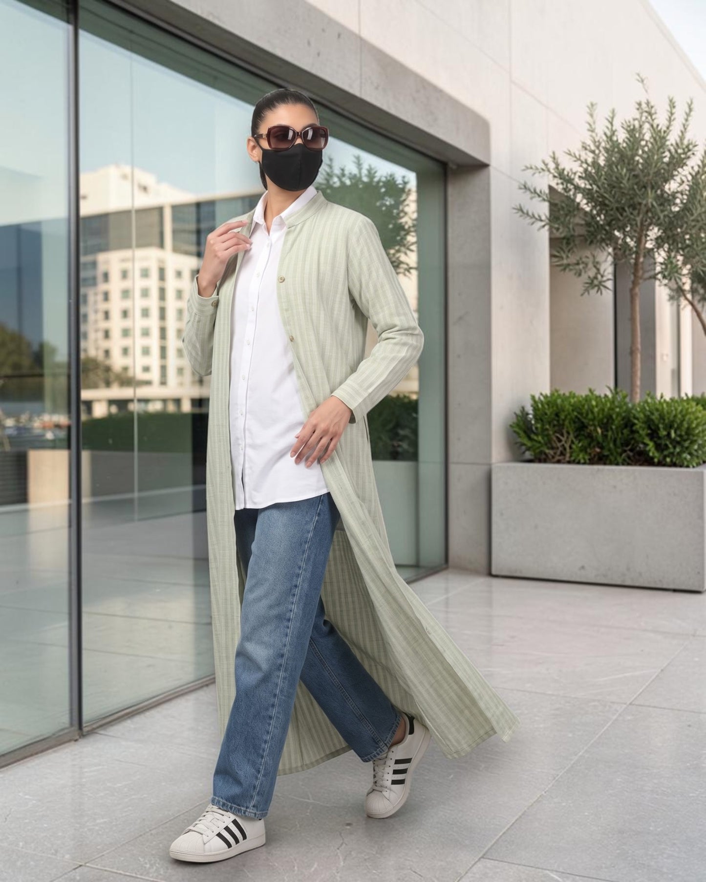 Mint Green Striped Cotton Front-Open Abaya Shirt with Mandarin Collar