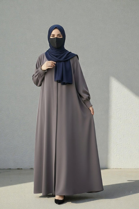 Front Open Abaya with Zipper Opening, Umbrella Flare and Matching Belt