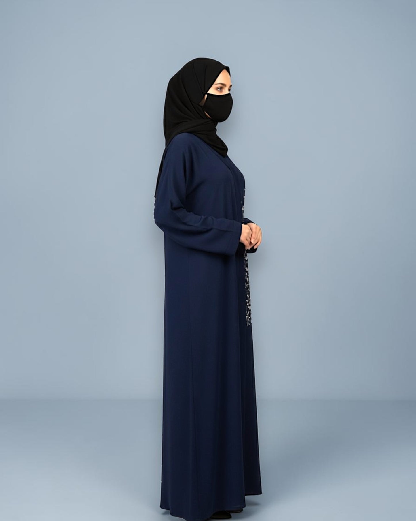 Navy Blue Praada Front-Open Embroidered Abaya with Asymmetrical Handwork