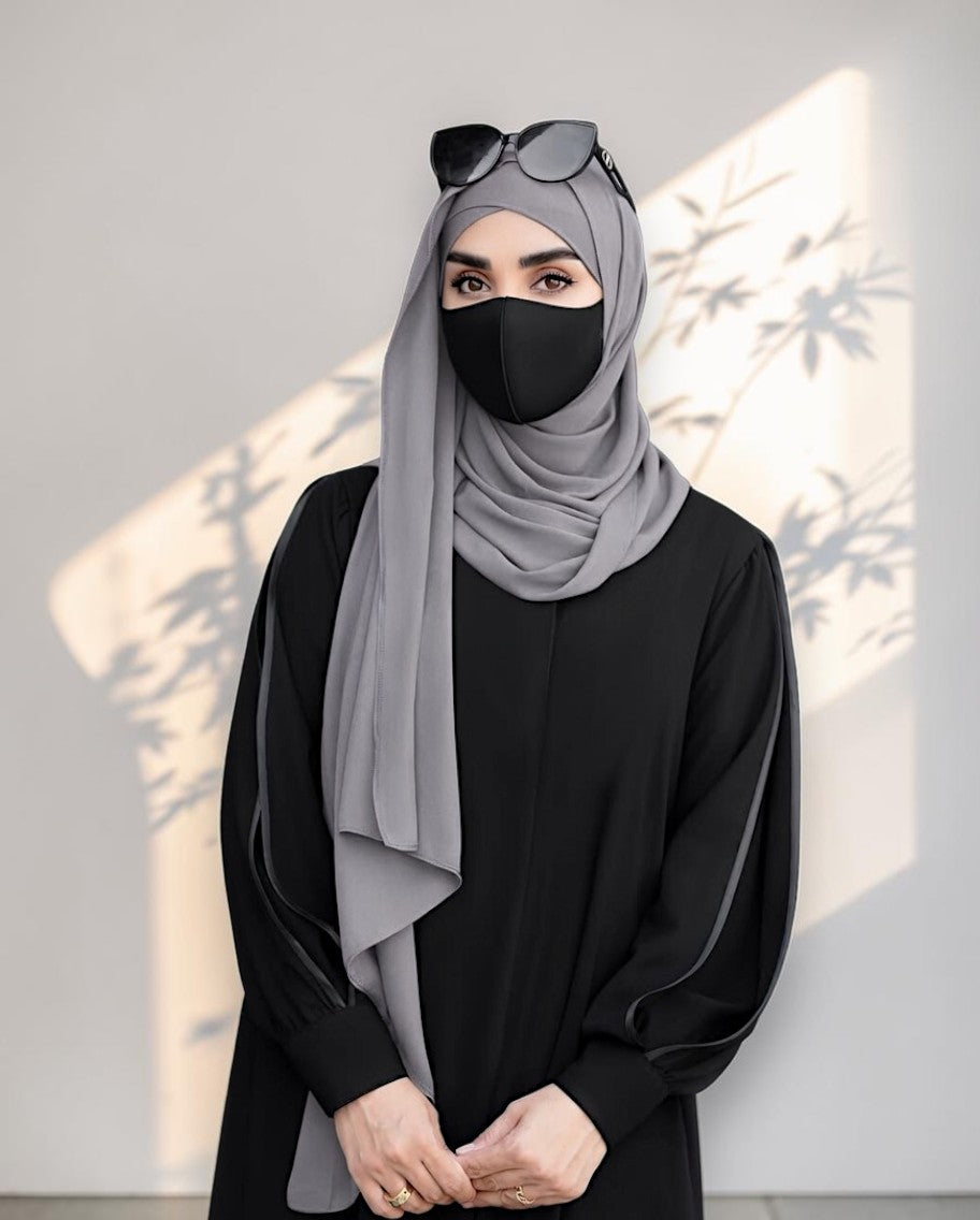 Designer Black Closed Abaya with Sleeve Piping and Pockets