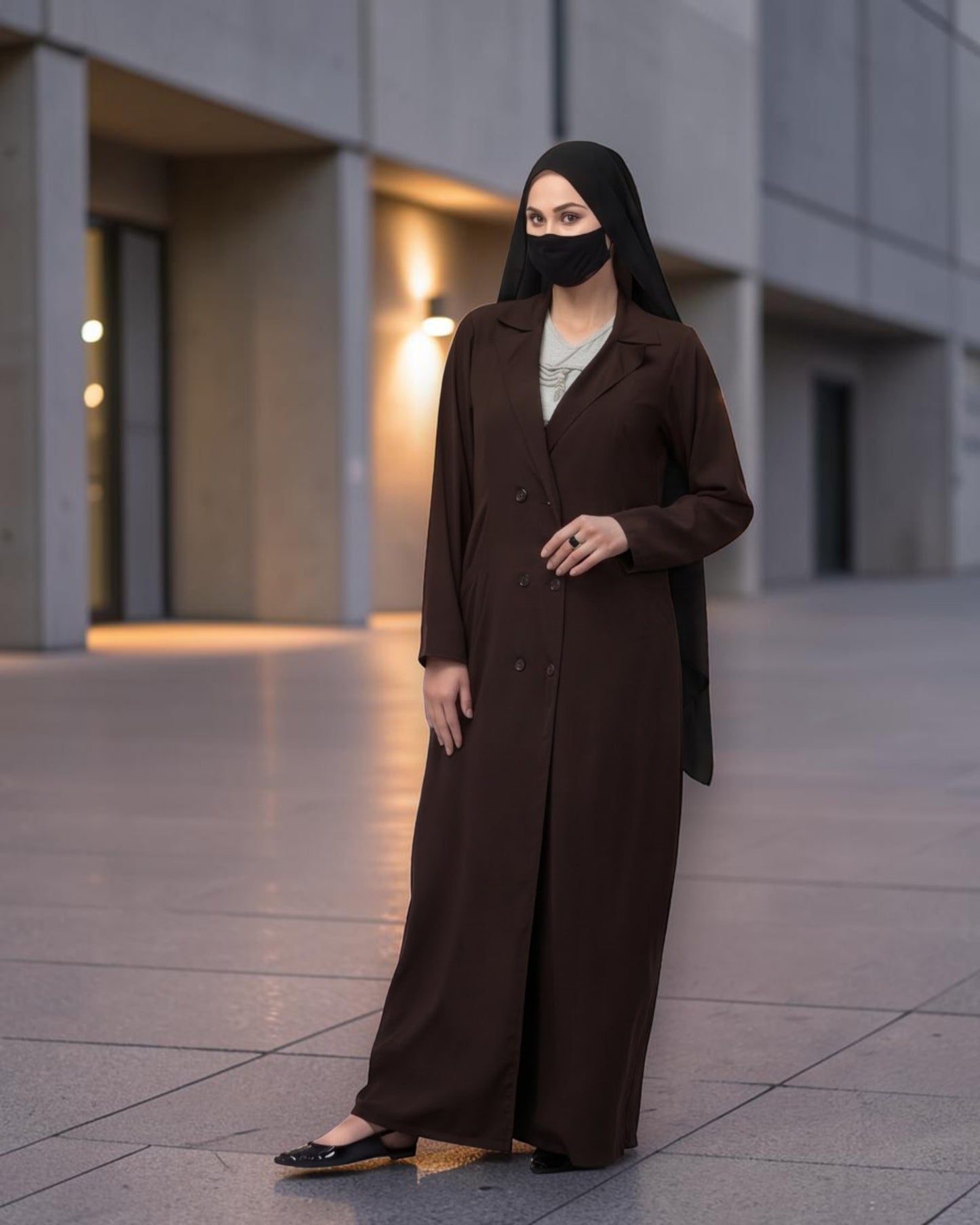 Double-Breasted Coat Abaya for Work with Free Hijab | Optional Inner | Brown