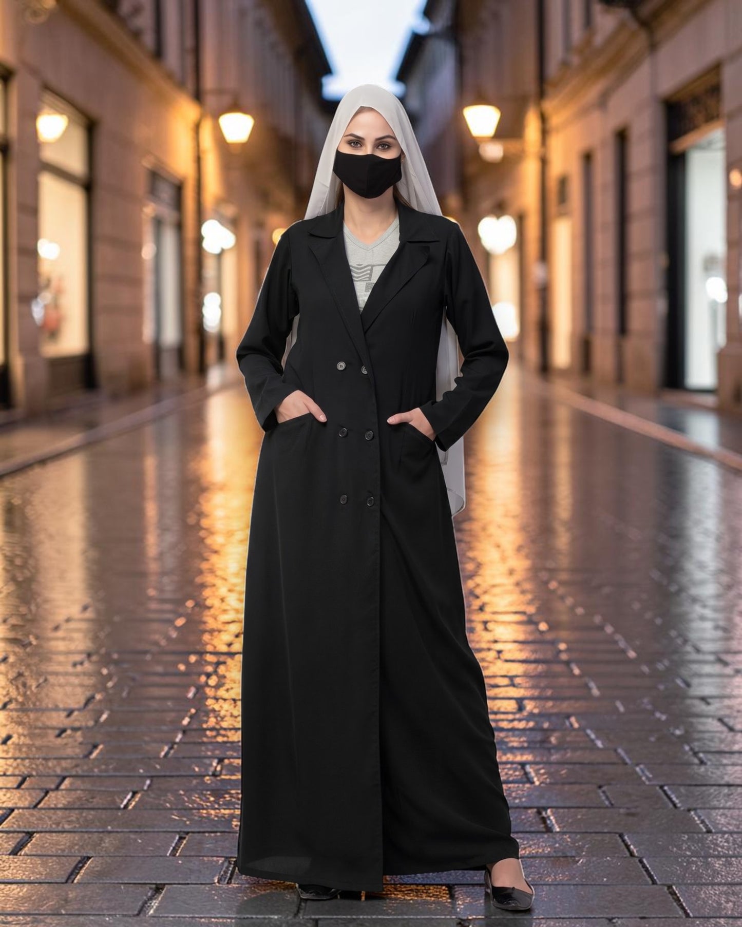 Double-Breasted Coat Abaya for Work with Free Hijab | Optional Inner | BLACK