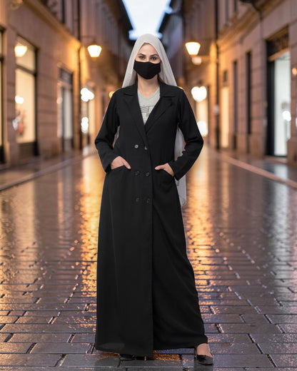 Double-Breasted Coat Abaya for Work with Free Hijab | Optional Inner | BLACK