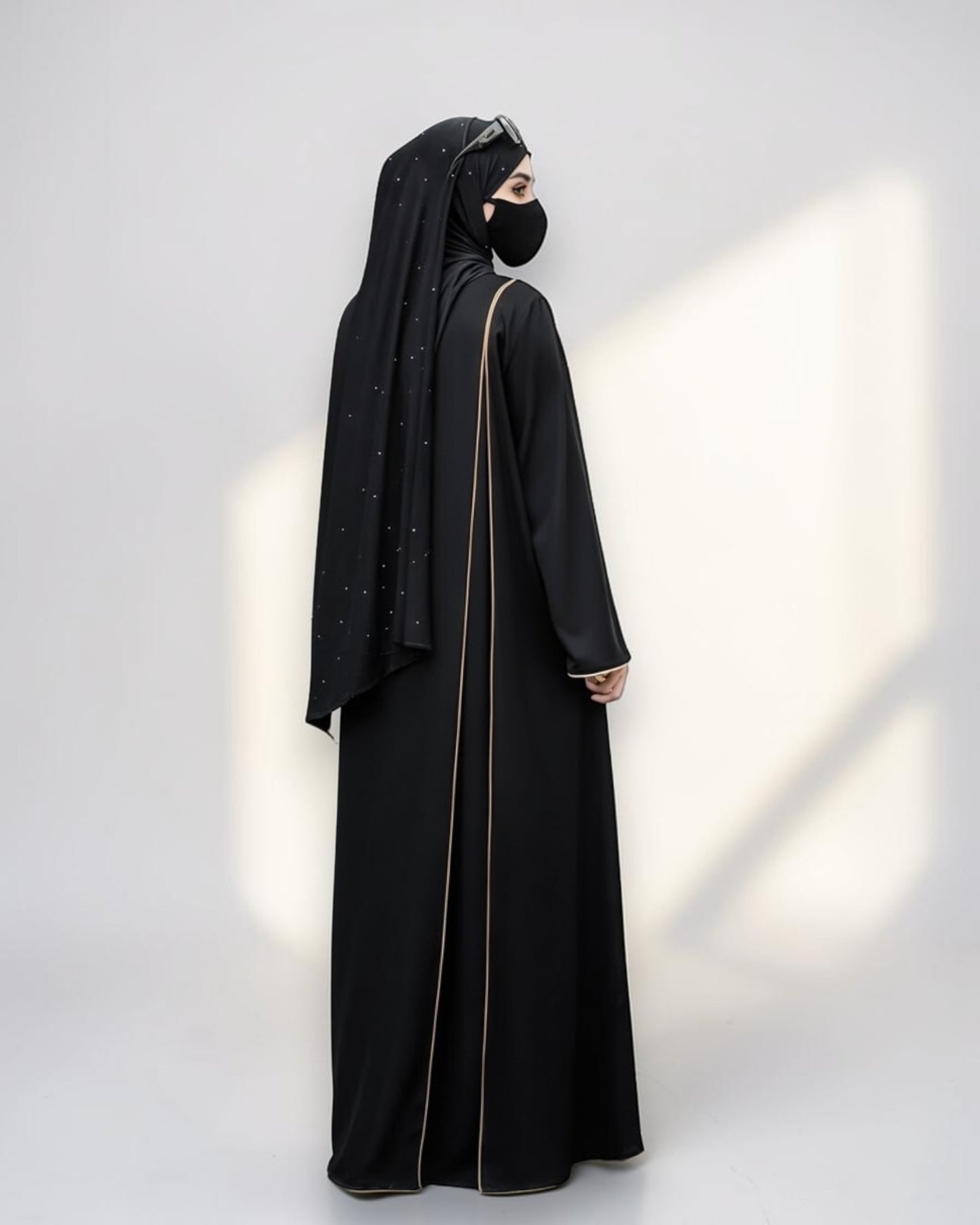 Designer Black Closed Abaya with Contrast Piping and Extra Flare