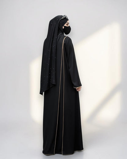 Designer Black Closed Abaya with Contrast Piping and Extra Flare