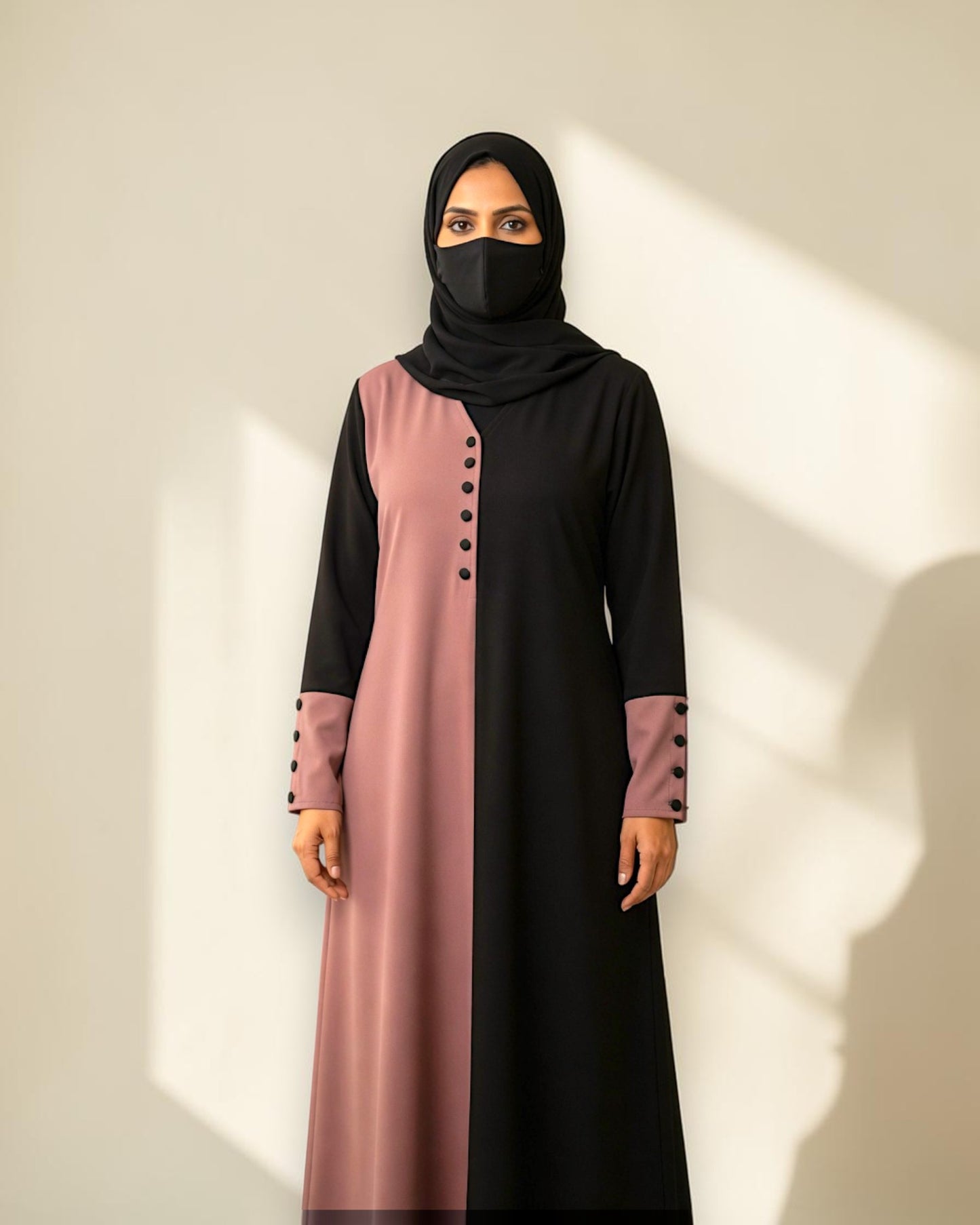 Color-Blocked V-Neck Praada Abaya with Fabric Buttons & Side Pockets
