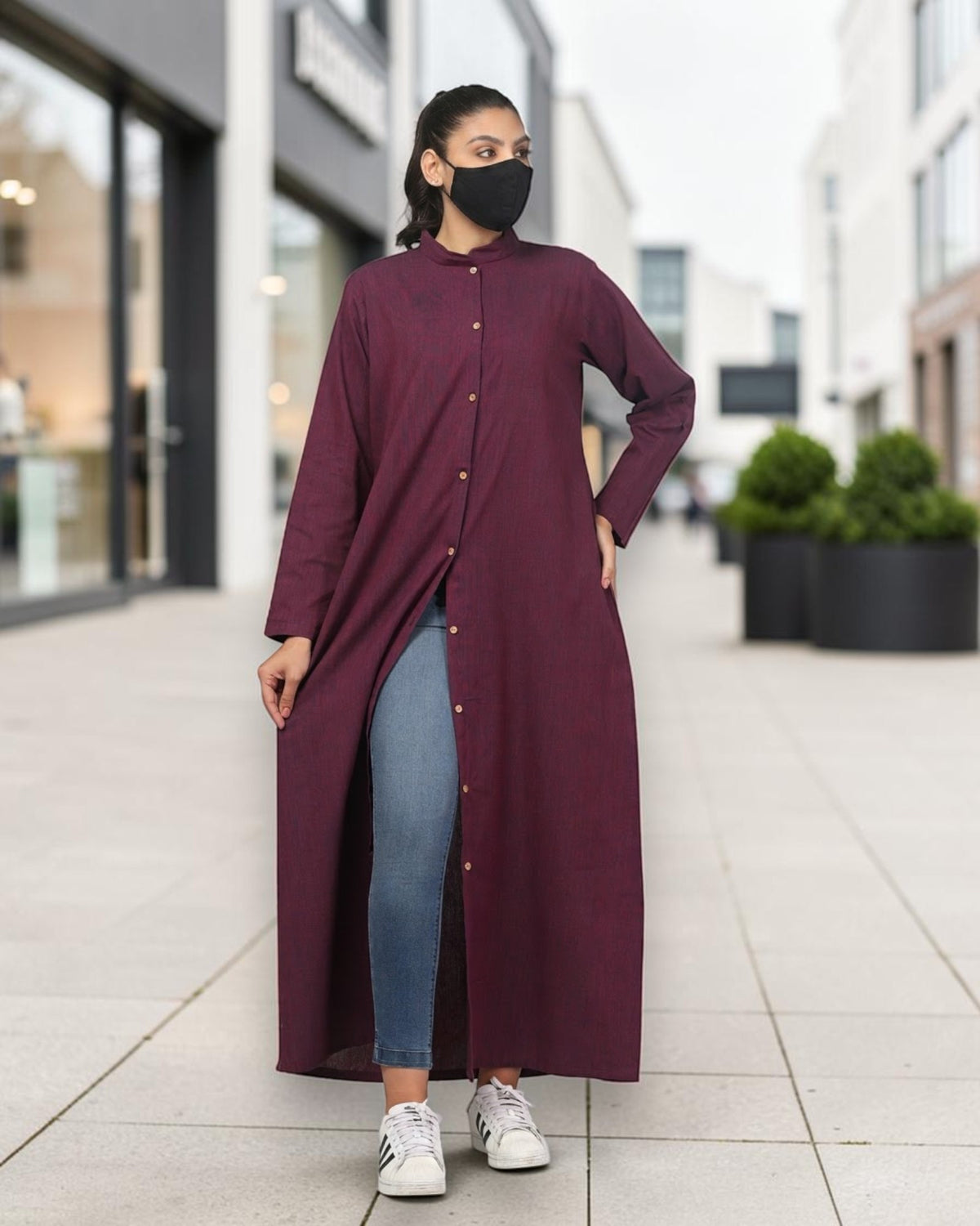 Front-Open Cotton Abaya Shirt with Mandarin Collar – Maroon & Blue