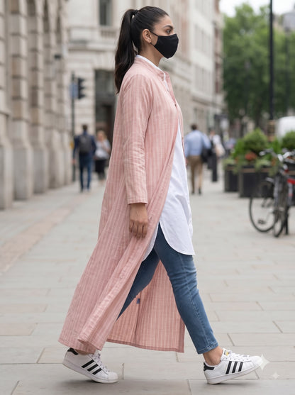 Blush Pink Striped Cotton Front-Open Abaya Shirt with Mandarin Collar