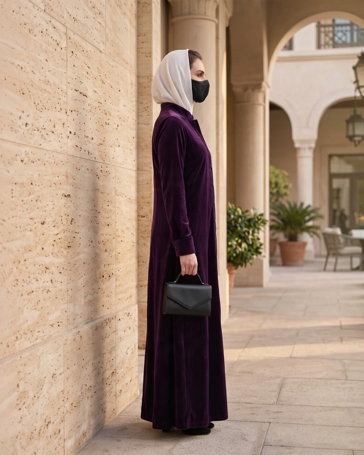 Classic Front Open Velvet Abaya with Covered Buttons