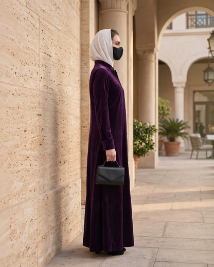 Classic Front Open Velvet Abaya with Covered Buttons