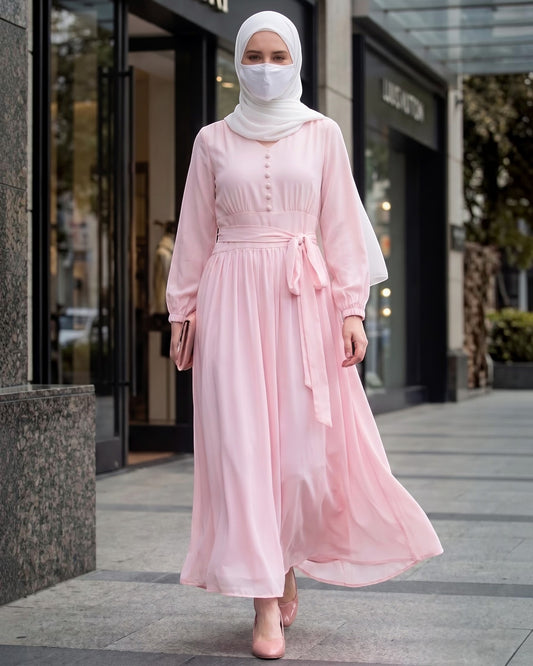 V-Neck Tie-Waist Georgette Modest Dress