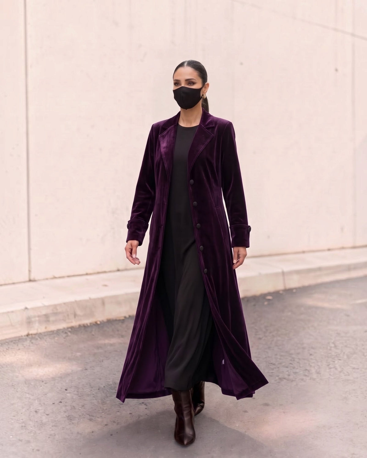 Longline Velvet Coat Abaya with Lapel Collar