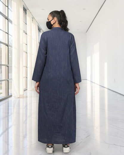 Front-Open Striped Cotton Abaya Shirt with Mandarin Collar