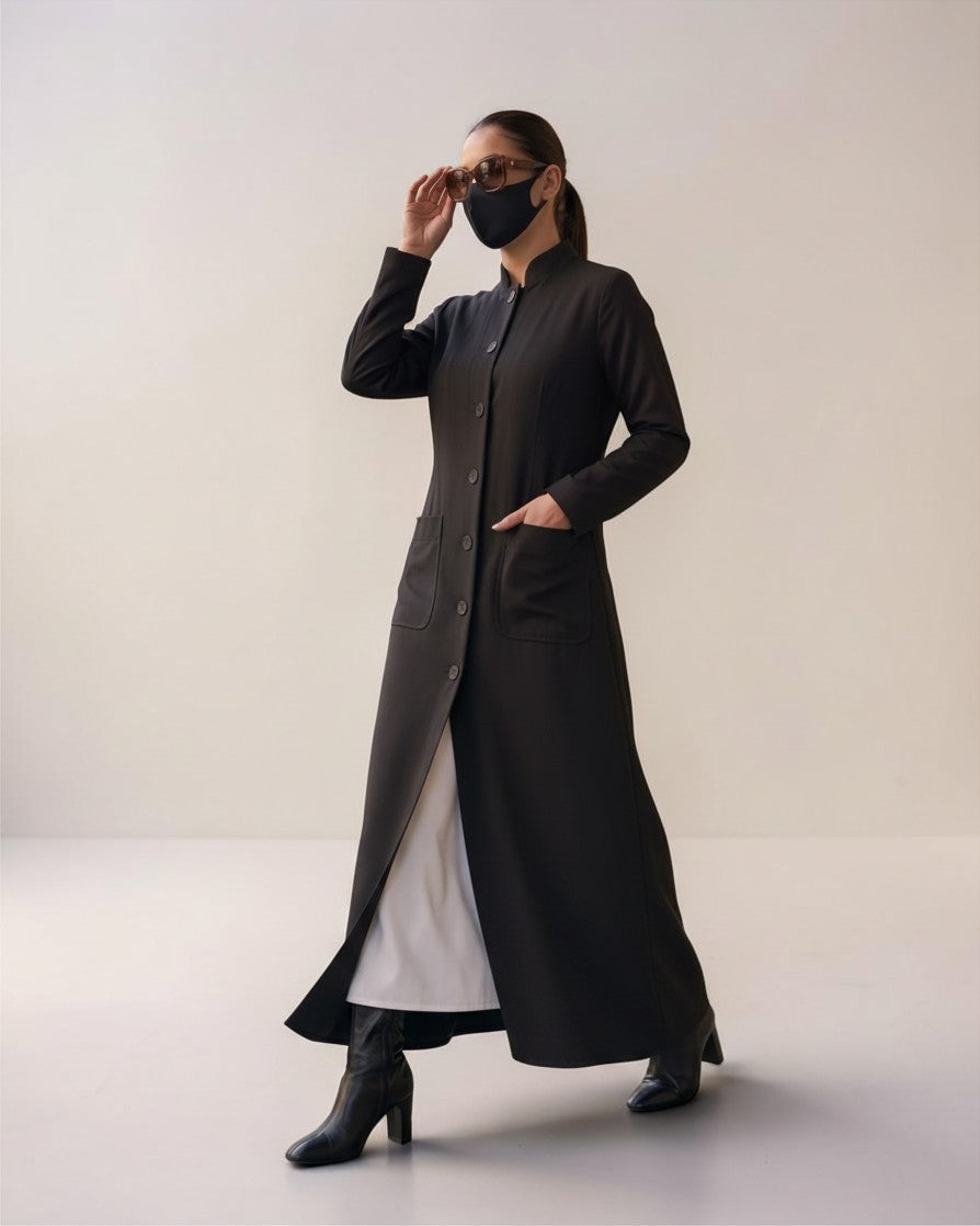 Latest Coat Abaya with Soft Shoulder Pads and Mandarin Collar| Black