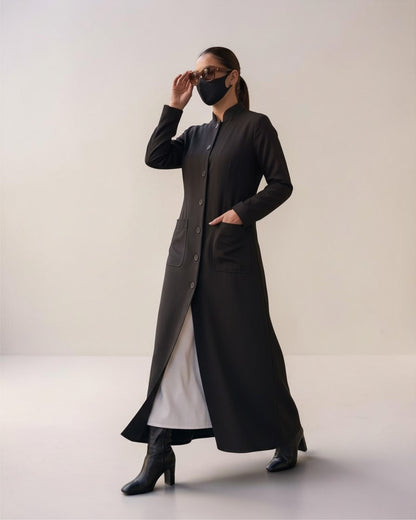 Latest Coat Abaya with Soft Shoulder Pads and Mandarin Collar| Black