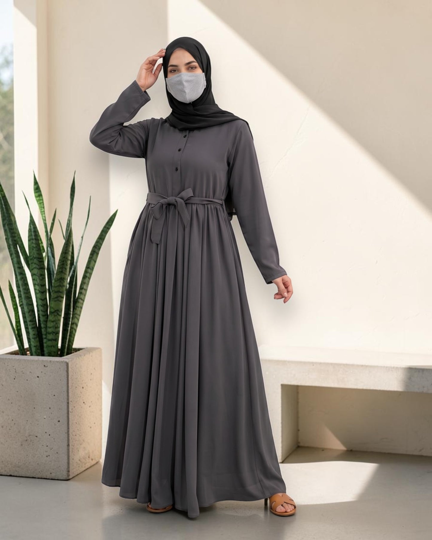 Stylish Umbrella Flare Mahram-Abaya with a Belt and Hijab in Firdaus Fabric