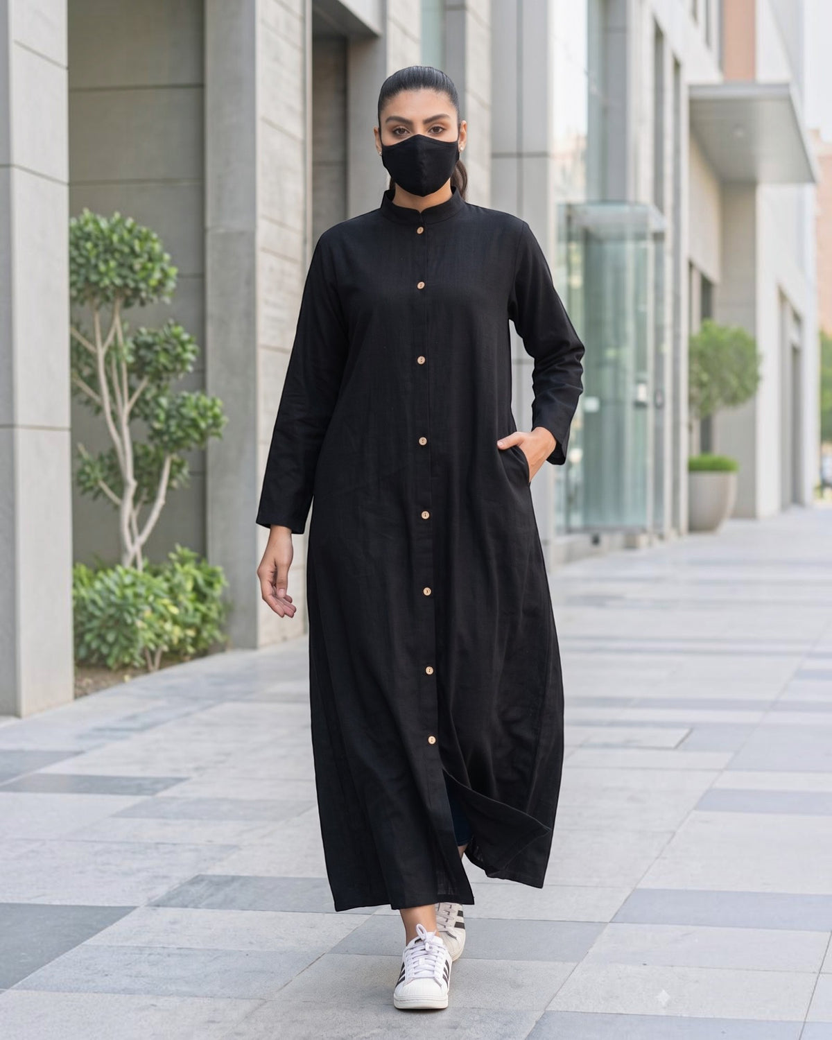 Solid Black Cotton Front-Open Abaya Shirt with Mandarin Collar