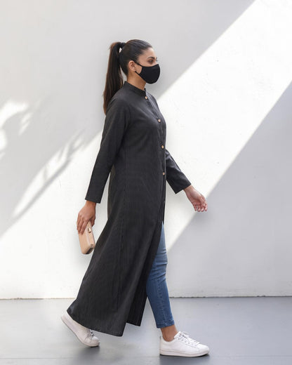 Black Striped Cotton Front-Open Abaya Shirt with Mandarin Collar