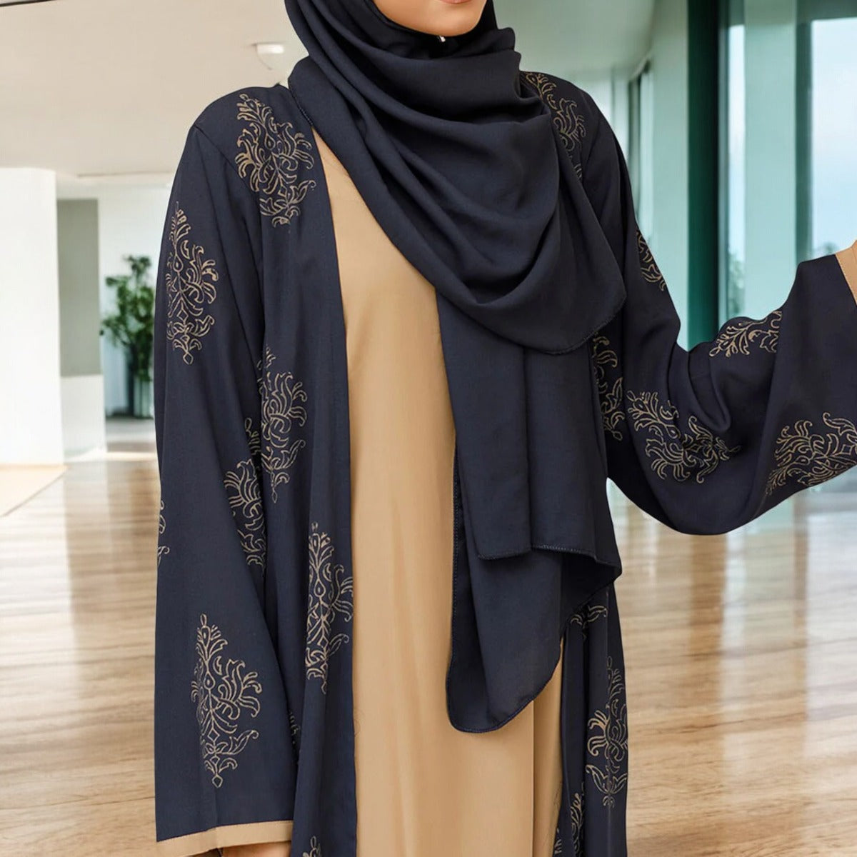 Elegant Three-Piece Abaya Set with Golden Print