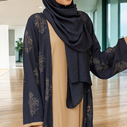 Elegant Three-Piece Abaya Set with Golden Print